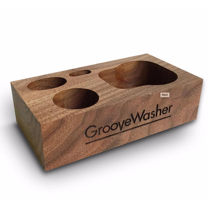 GrooveWasher - Walnut Display Block + 2 oz G2 Fluid Bottle